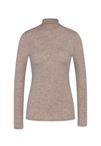 Lichtbruine lange mouw turtleneck top gemaakt van een zachte, gestructureerde stof, met een aansluitend ontwerp en geribbelde hals.