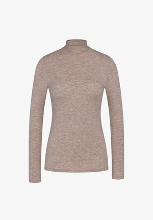 Světle hnědý dlouhý rukáv svetr s rolákem vyrobený z měkkého, strukturovaného materiálu, se přiléhavým střihem a žebrovaným krkem.