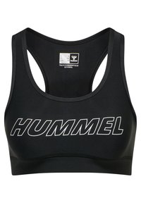 Czarny stanik sportowy z plecami w stylu racerback, z dużym białym logo "HUMMEL" z przodu i techniczną tkaniną zapewniającą kontrolę wilgoci.
