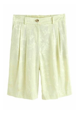 Hellgelbe Shorts in Kniehöhe mit dezentem floralen Jacquardmuster, Knopfverschluss vorne, Gürtelschlaufen und Falten.