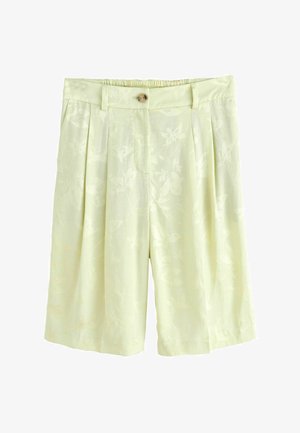 Hellgelbe Shorts in Kniehöhe mit dezentem floralen Jacquardmuster, Knopfverschluss vorne, Gürtelschlaufen und Falten.