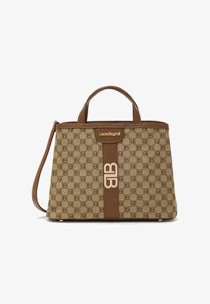 Borsa a tracolla in tela beige con dettagli in pelle marrone, caratterizzata da un motivo monogramma, manici superiori e tracolla regolabile rimovibile. Dettaglio logo color oro.