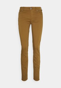 Bruna slim-fit byxor gjorda av stretchigt tyg med en jämn yta. Har dragkedja, knäppning och femficksdesign.
