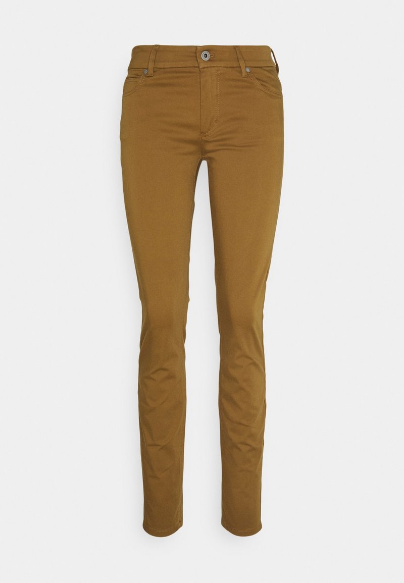 Bruna slim-fit byxor gjorda av stretchigt tyg med en jämn yta. Har dragkedja, knäppning och femficksdesign.