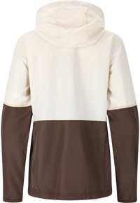 Veste à capuche en crème et marron, présentant un design bicolore avec une texture lisse et une finition légèrement brillante.