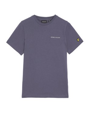 T-shirt en coton violet à manches courtes, col rond, avec un logo blanc imprimé sur la poitrine. Écusson brodé jaune sur la manche.