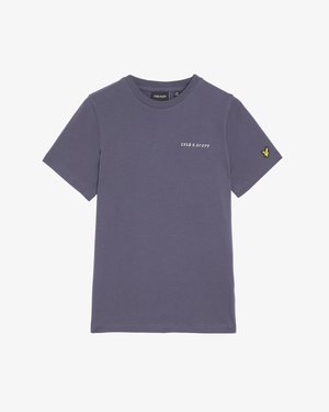 Lilla puuvillane T-särk lühikeste varrukatega, ümar kaelus ja valge logo trükituna rinnal. Kollane tikand embleem varrukal.