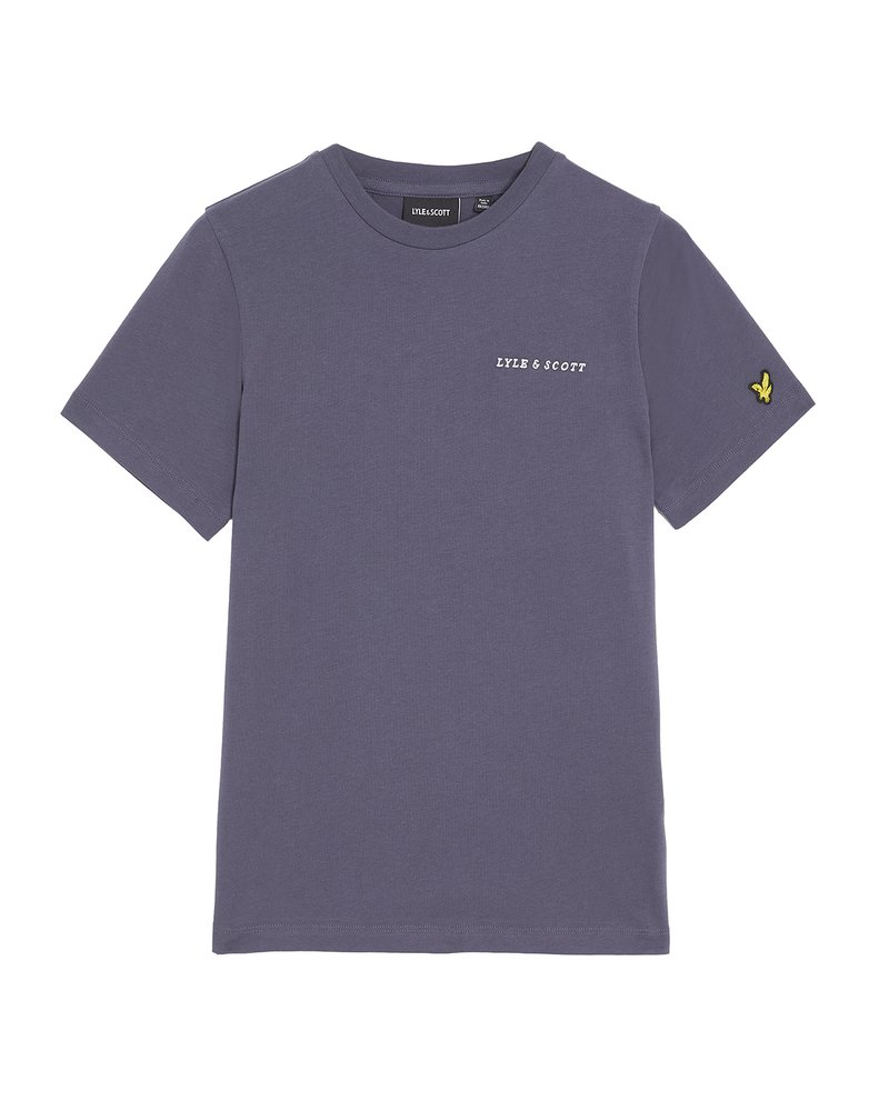 Purple cotton t-shirt with short sleeves, crew neck, and a white logo printed on the chest. Yellow embroidered emblem on the sleeve.