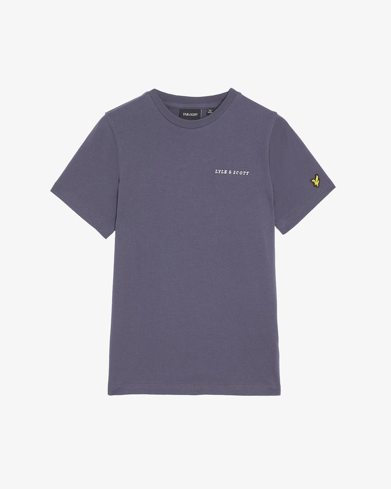 Purple cotton t-shirt with short sleeves, crew neck, and a white logo printed on the chest. Yellow embroidered emblem on the sleeve.