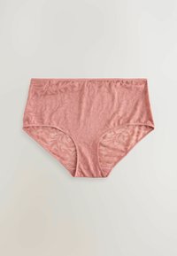 Helle rosa, hoch geschnittene Unterwäsche mit floralem Spitzenmuster und weicher, transparenter Textur. Elastischer Bund für hohen Tragekomfort.