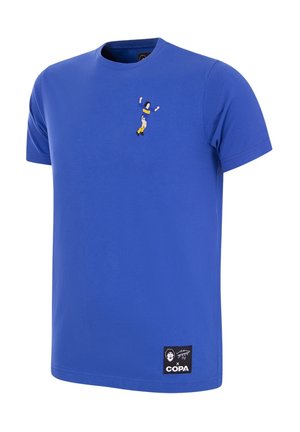 T-shirt di cotone blu con maniche corte, scollatura rotonda e una figura ricamata in giallo e blu. Presenta un'etichetta del marchio nera sull'orlo.