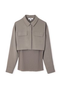 Taupe Langarmhemd mit Kragen, zwei Brustklappen Taschen und einem gerippten Strickunterteil.