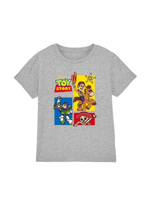 Graues T-Shirt mit bunten Toy Story-Figuren: Woody auf einem Pferd, Buzz Lightyear und Jessie mit Sternabzeichen sowie Toy Story-Logo.