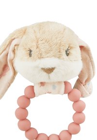 Soft plush bunny head in cream and beige with embroidered features, attached to a pink silicone ring with round beads.