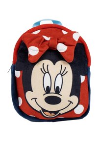 Rood en marineblauwe pluche rugzak met een opvallend Minnie Mouse ontwerp, witte stippen en een rode strik aan de bovenkant. Ritsluiting aan de zijkant.