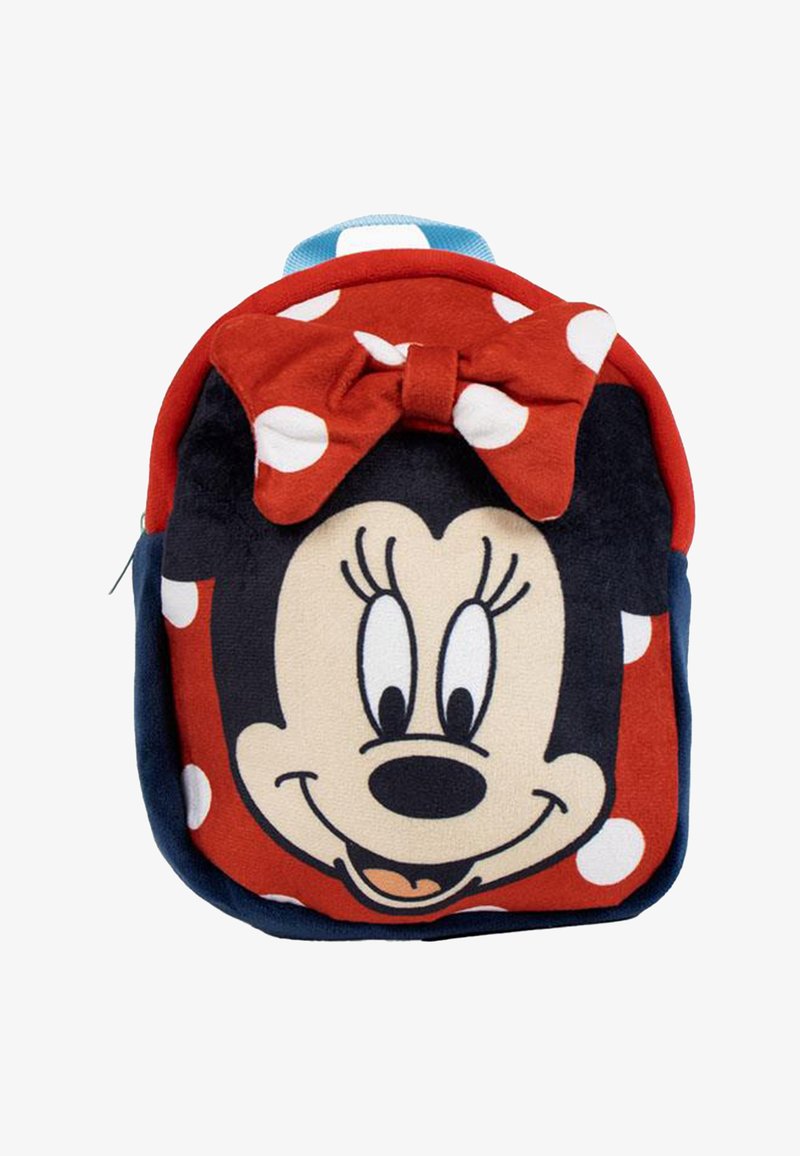 Rood en marineblauwe pluche rugzak met een opvallend Minnie Mouse ontwerp, witte stippen en een rode strik aan de bovenkant. Ritsluiting aan de zijkant.