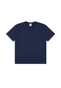 Navyblaue Baumwoll-T-Shirt mit Rundhalsausschnitt, kurzen Ärmeln und geradem Saum. Enthält ein kleines Logo auf dem Ärmel und ein Etikett am Hals.