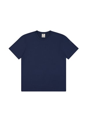 Navy blue cotton t-shirt with a crew neck, short sleeves, and a straight hem. Includes a small logo on the sleeve and a tag at the neck.