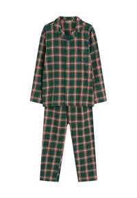 Komplet piżamowy w ciemnozieloną kratę z czerwonymi i białymi akcentami; koszula na guziki z kołnierzykiem i długimi rękawami oraz dopasowane spodnie o prostych nogawkach.