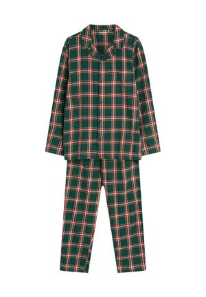 Karierter Pyjama in Dunkelgrün mit roten und weißen Karos; Knopfverschluss-Oberteil mit Kragen und langen Ärmeln, passende gerade geschnittene Hose.
