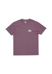Short-sleeved, crew neck T-shirt in muted purple cotton with a small white logo on the left chest and a branded tag on the sleeve.