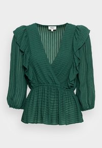 Blusa verde a pieghe con profondo scollo a V, maniche arricciate e vita elastica. Tessuto leggero con finitura texture.
