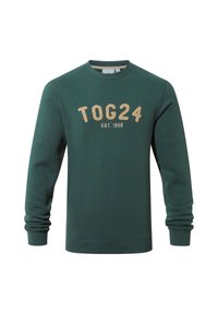 Green crew-neck sweatshirt made of cotton blend, featuring "TOG24" and "EST. 1958" embroidered in beige on the front. Ribbed cuffs.