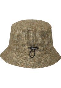 Klobúk v tvare vedra s houndstooth vzorom v zemitých tónoch. Textúrovaná vlnená tkanina s čiernym kovovým uzávere na boku. Široký, voľne splývajúci okraj.