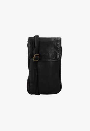 Black leather crossbody bag with a textured finish, zip closure, and a small front pocket, detailed with a bronze buckle accent.