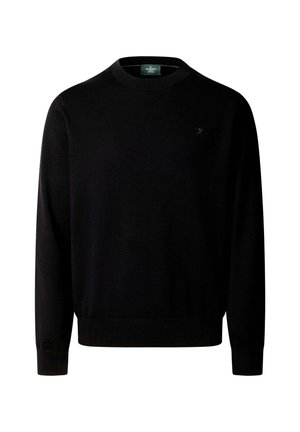 Pull noir à manches longues avec col rond, poignets et ourlet côtelés, doté d'un petit logo brodé sur la poitrine gauche.