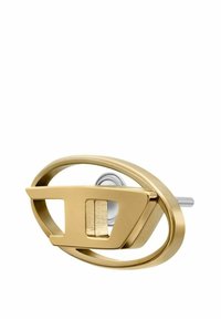 Gouden metalen broche in ovale vorm, met een uitgesneden ontwerp en een opvallende platte accent. Gladde oppervlakte met een gepolijste afwerking.