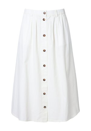 Gonna midi in cotone bianco con vita elastica, adornata da una fila di sei bottoni in legno sulla parte anteriore e pieghe delicate.