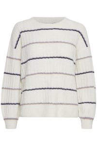 Maglione bianco a costine con righe orizzontali in viola, grigio e beige. Presenta un collo rotondo e maniche ampie. Tessuto testurizzato.
