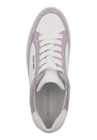 White and lavender sneaker with suede and leather materials, round toe, lace-up design, textured accents, and brand name visible inside.