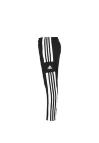 Schwarze Sporthosen mit schmaler Passform, weißen Streifen an den Seiten und einem gestickten Logo auf der Vorderseite. Hergestellt aus weichem Stoff.