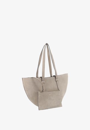 Taupe suede tote bag with long handles and a matching detachable zippered pouch in front, designed for everyday use.