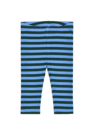 Blauwe en donkergroene peuterleggings met horizontale strepen en een elastische tailleband op een witte achtergrond.