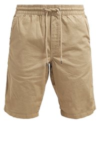 Short beige décontracté avec taille élastique et cordon, poches latérales et coupe ample.