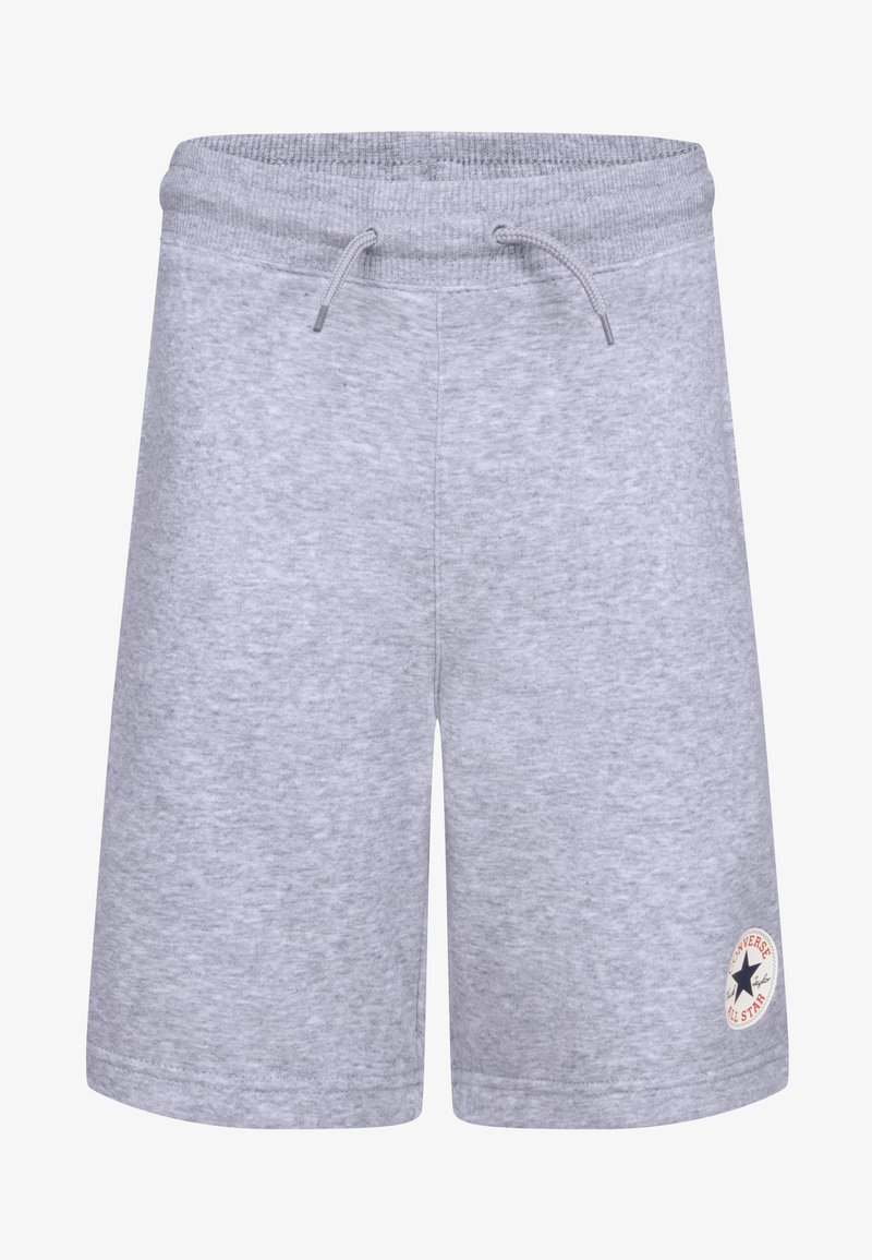 Grå bomullssportsbukser med elastisk liv, snor og en sirkulær logo-lapp på nederste høyre side. Glatt tekstur.