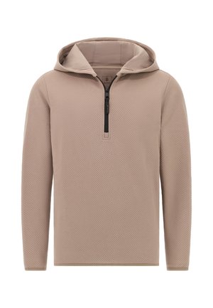 Pullover beige con cappuccio e mezza zip. Presenta un motivo testurizzato, maniche lunghe e una fodera interna liscia.
