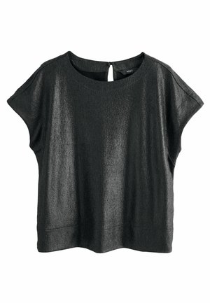Black short-sleeve blouse with round neckline and back button closure, made of textured shiny fabric.
