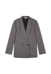 Szary dwurzędowy żakiet w prążki z ostrymi klapami, na dwa guziki, z przednimi kieszeniami i gładką teksturą. Czarna podszewka.