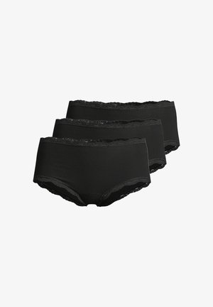 Trois culottes hipster noires pour femmes avec bordure en dentelle empilées sur un fond blanc.