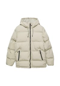Beige Puffer-Jacke mit Kapuze, Reißverschluss vorne, elastischem Kordelzug, zwei seitlichen Reißverschlusstaschen und einem gesteppten Muster zur Isolierung.