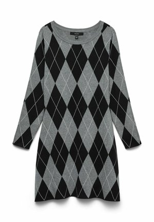 Long-sleeve knit dress with black and grey argyle diamond pattern and round neckline, displayed flat on white background.