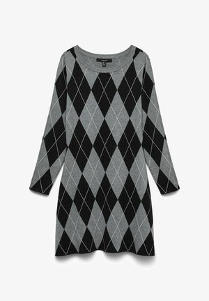 Langemouwen gebreid jurkje met zwart en grijs ruitpatroon en ronde hals, plat weergegeven op een witte achtergrond.