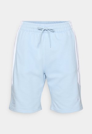 Vaaleansiniset urheilushortsit valkoisilla sivupaneeleilla, joustava vyötärö, naru ja kirjailtu logo helmassaan. Pehmeä kangastuntu.