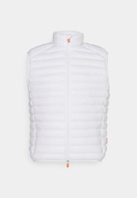 Hvid ærmeløs vest med quiltet polstring, høj krave og lynlås foran. Har en orange lynlåsdrager og et minimalistisk design.