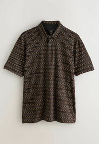 Fekete, rövid ujjú polo póló narancssárga geometrikus méhsejt mintával. Gallérral és gombos záródással rendelkezik. Könnyű anyag.