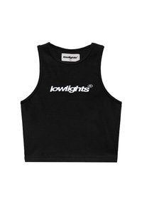 Svart ribba crop tank topp med rund hals og hvit "lowlights" logo trykt tydelig foran. Størrelsesmerke: Small.